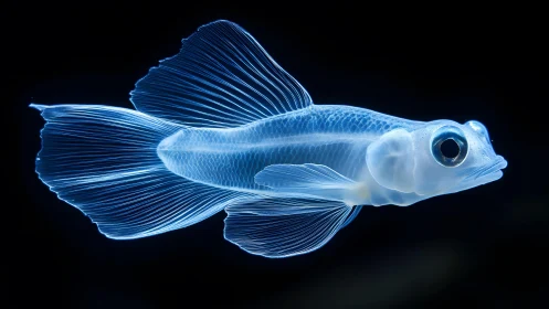 Transparent fish in high detail on black background, digital style.