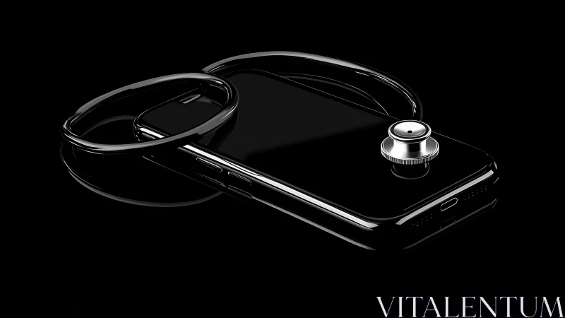 Stethoscope and smartphone against dark backdrop.