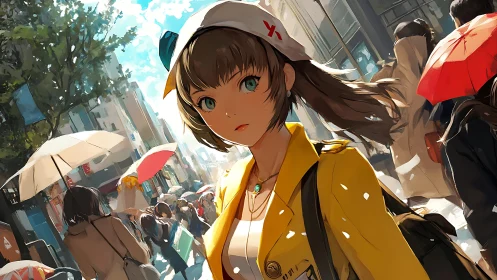 Young woman in yellow coat within busy city street crowd.