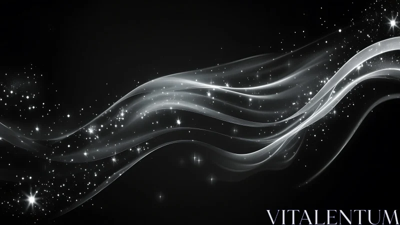 Abstract flowing white light waves with sparkling stars on black.