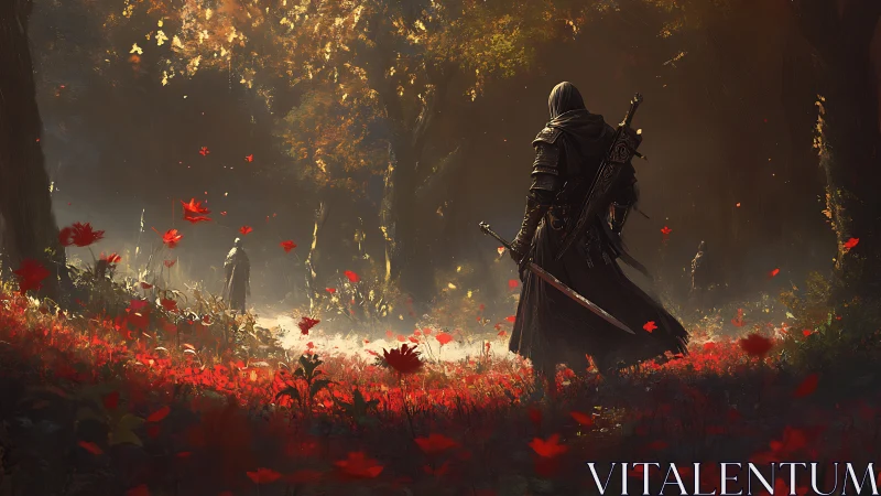 Cloaked warrior steps into a glowing forest of red petals
