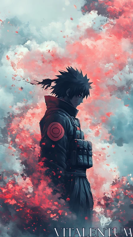Solitary anime figure in red and blue atmospheric clouds.