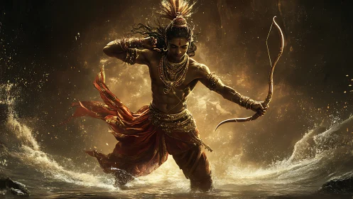 Mythic warrior strides through stormlit waters in golden fury.