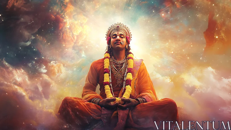 Divine meditator radiates serene light within cosmic clouds