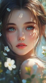 Hyper-detailed floral portrait of girl with subsurface scattering