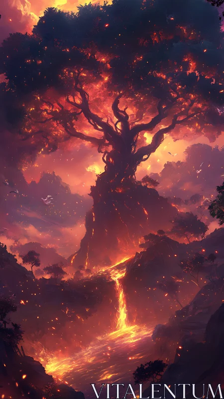 Inferno Tree Rising Through Molten Landscape at Twilight.