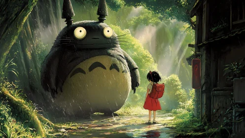 Forest spirit encounter in luminous rain-soaked pathway.