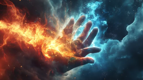 Human hand silhouette intersects opposing fire and plasma fields