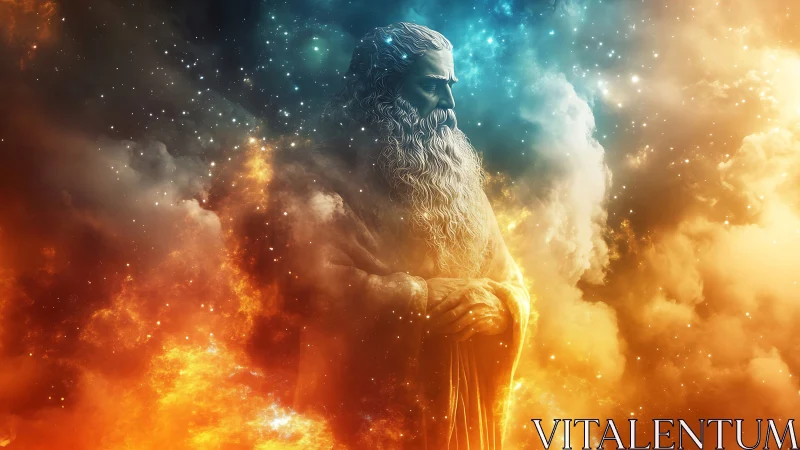 Cosmic elder gazes calmly across swirling starborn clouds