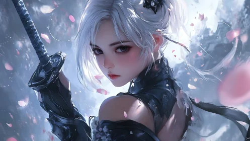 Silver-haired anime swordswoman amid swirling petals.