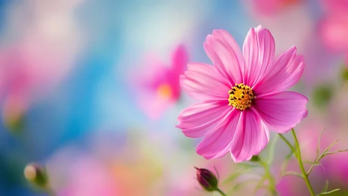 Pink Cosmos Flower in Soft Focus Garden Light.