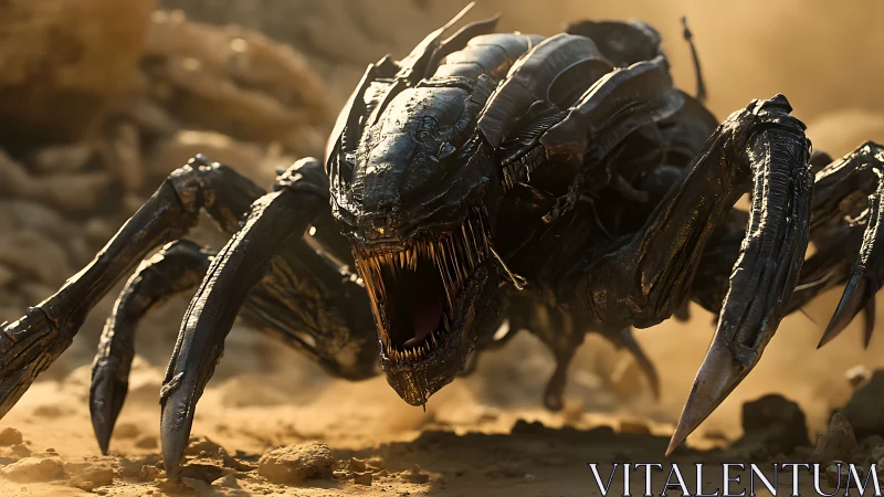 Armored alien insect lunges across sunlit desert battlefield.
