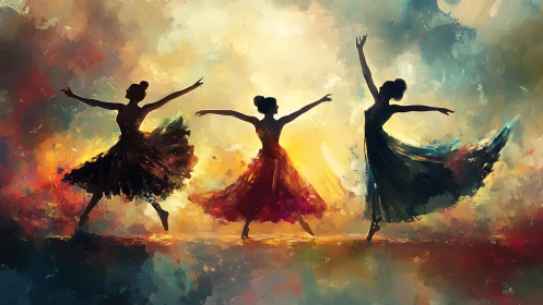 Triadic ballerina silhouettes in dynamic chromatic turbulence.