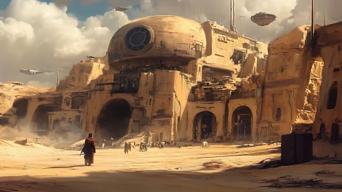 Desert stronghold beneath massive dome and hovering craft.