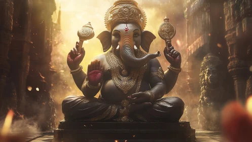 Golden light gently crowns a serene Ganesha statue