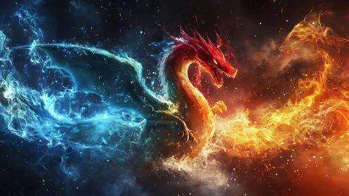 Elemental dragon in dynamic dual-flame digital painting composition.