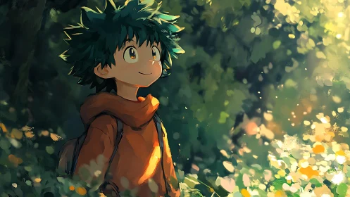 Youthful forest wanderer in dappled afternoon light.