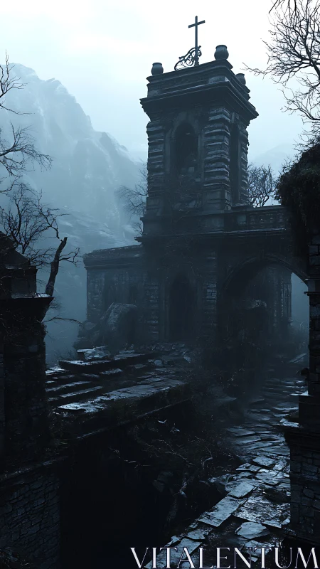 Gothic mountain chapel ruins in cinematic blue-gray lighting.