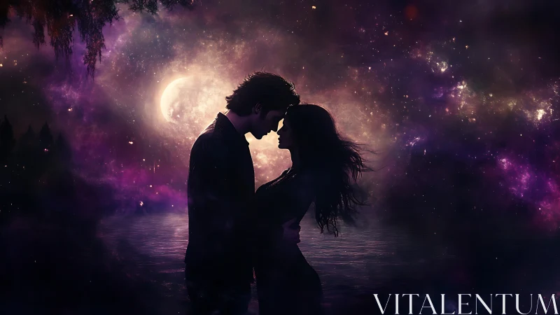 Silhouetted Couple Beneath Celestial Moon and Stars.