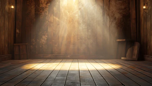 Warm spotlight on empty rustic wooden interior stage.