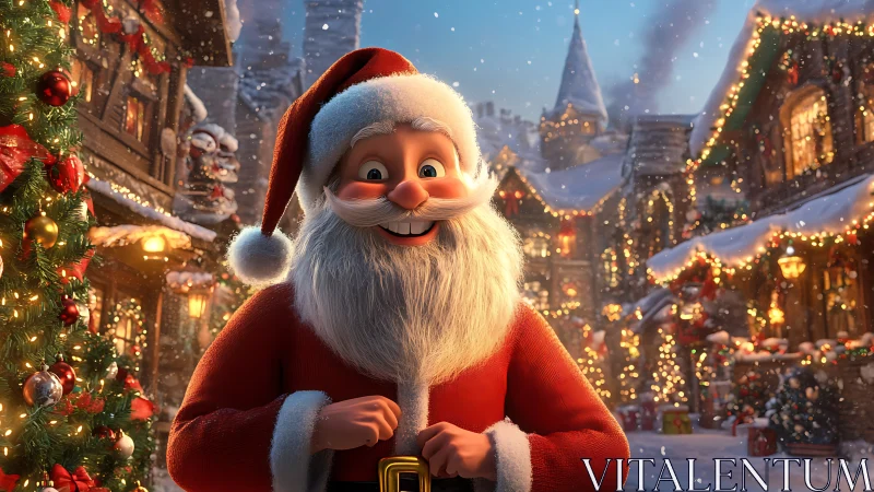 Stylized 3D Santa in snow-covered village with emissive Christmas lighting