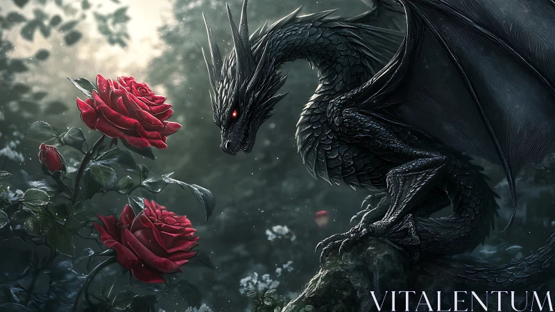 Curious black dragon quietly discovers glowing crimson roses