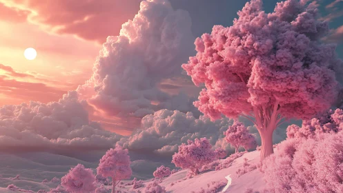 Dreamlike pink forest under a glowing pastel sky.