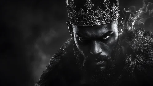 Dark crowned monarch glares through swirling shadowed smoke.
