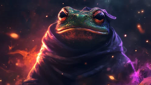 Hooded frog portrait in vivid neon atmospheric lighting.