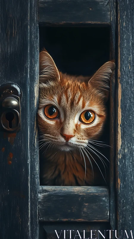 Orange Tabby Cat Framed in Weathered Wooden Doorway with Intense Amber Eyes.