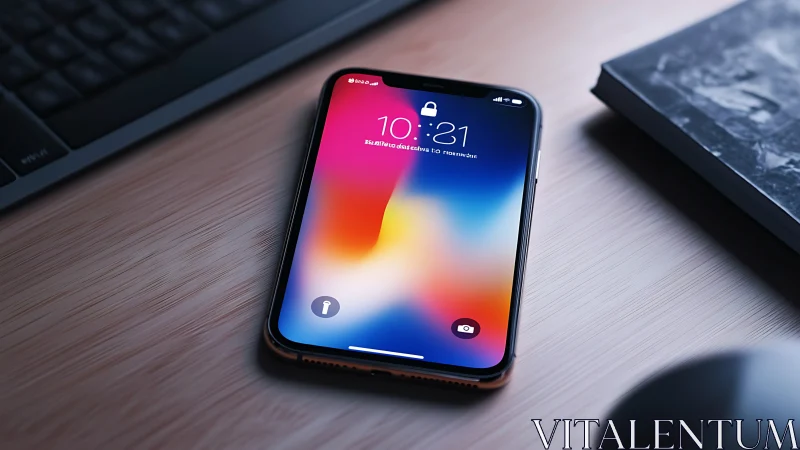 Contemporary smartphone on wooden surface displaying gradient lockscreen.