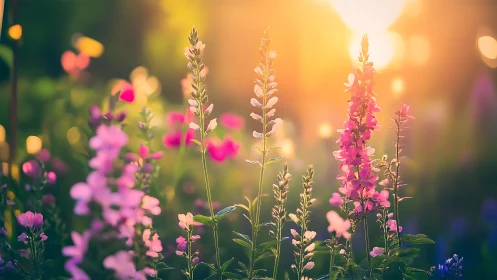 Flowering plants captured in golden hour sunlight.