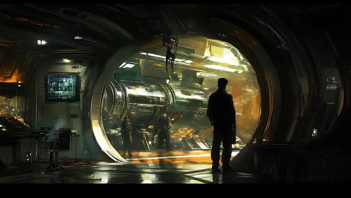 Solitary figure surveys illuminated starship engine bay