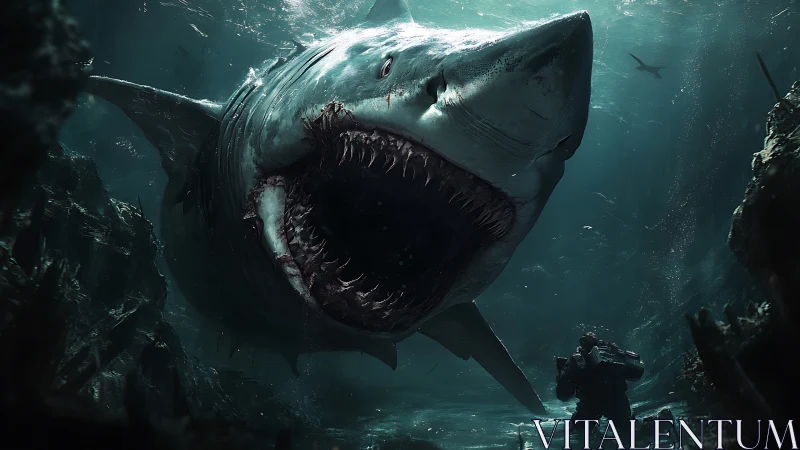 Giant shark lunges toward armed diver in dark seascape.