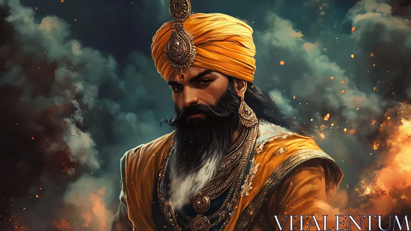 Regal Sikh warrior portrait in ornate saffron turban and armor