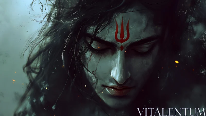 Lowered gaze portrait with trishul tilak and cinematic smoke lighting