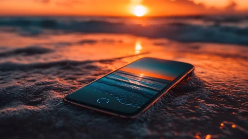 Smartphone lying in wet shoreline at vivid orange sunset.