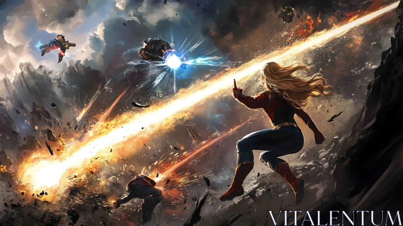 Epic superhero battle unfolds amid explosive cosmic skies.