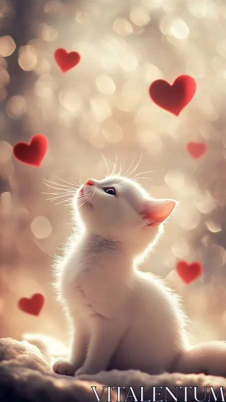 White Kitten Gazing Upward Amid Floating Hearts.