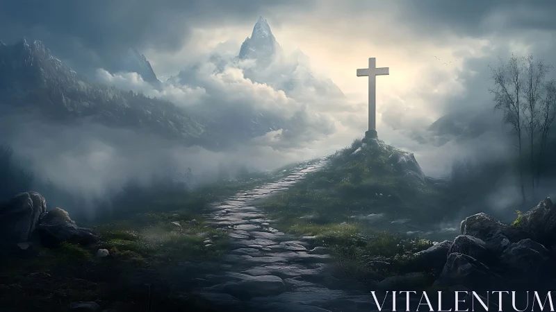 Stone path leading to solitary cross in misty mountains.