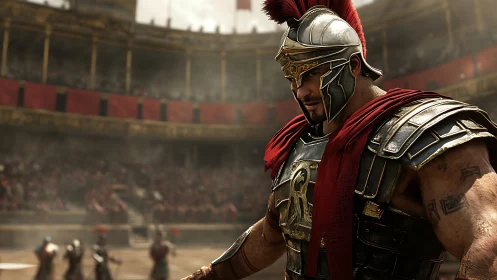 Stoic Roman gladiator poised in a roaring grand arena.