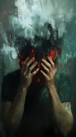 Tormented figure clutches burning head amid dissolving void