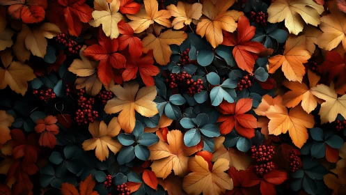 Autumn leaves and berries form dense overlapping foliage layer