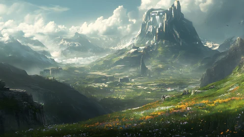 Sunlit valley and futuristic mountain fortress in bloom.