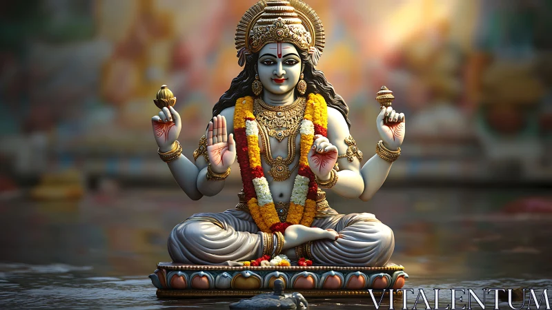 Hindu deity statue seated in water with ritual garlands.