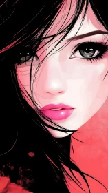 Pink-lit anime portrait with glossy lips and dark hair.