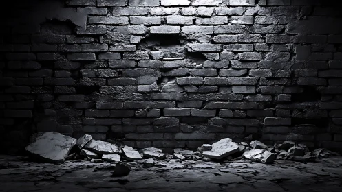 Damaged Brick Wall with Crumbling Foundation and Debris