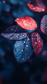 Dewlit crimson and teal leaves in moody macro focus.