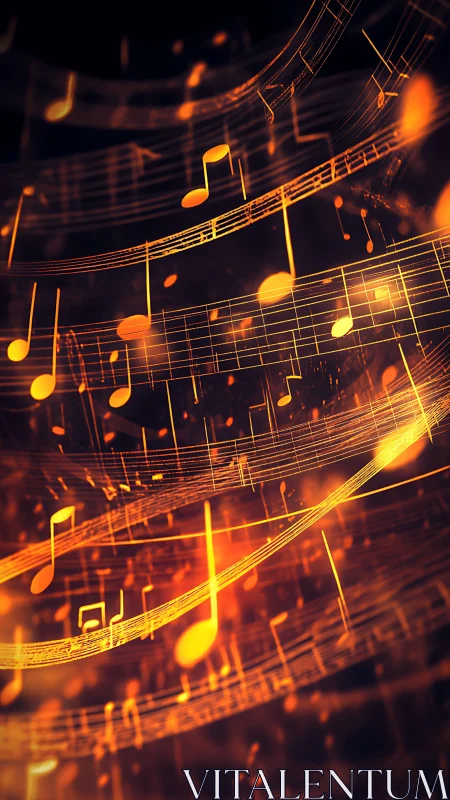 Curved orange musical staves and notes form layered bands