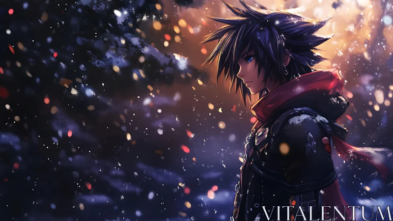 Solitary anime warrior walks through glowing winter storm.